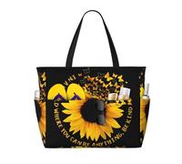 BLWSLC Sunflower on Black Background Printed beach tote bag lightweight foldable pool bag suitable for packing travel and gym use