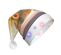 BLWSLC Sunflowers under the windowsill Adult light-up Santa hat printed Santa hat with LED lights suitable for Christmas New Year's and other holiday parties