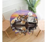 BLWSLC Tiger Lying on Wood Patterned Round Tablecloth - 60 Inch - Perfect for family gatherings, restaurants, holidays and celebrations