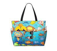 BLWSLC Turtle and Fish Printed, large capacity beach travel bag, suitable for vacations, camping, and everyday use.