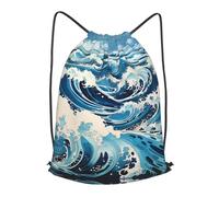 BLWSLC Ukiyo-e style waves Printed Sports Drawstring Backpack Fitness Travel Backpack Suitable For Gym And Travel, Black, M