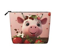 BLWSLC Womens Cows and Strawberries printed faux linen cosmetic bag large capacity toiletry bag daily essential