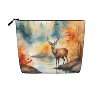BLWSLC Womens Deer by the river printed faux linen cosmetic bag large capacity toiletry bag daily essential