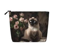 BLWSLC Womens Elegant Siamese Cat printed faux linen cosmetic bag large capacity toiletry bag daily essential