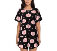 BLWSLC Women's Powder pig Printed Crew Neck Pajama Set Suitable For Pajama Parties And Beach Vacations 2XL Black