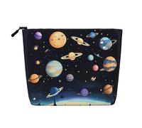 BLWSLC Womens Saturn Jupiter Earth printed faux linen cosmetic bag large capacity toiletry bag daily essential