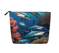 BLWSLC Womens Submarine shark coral printed faux linen cosmetic bag large capacity toiletry bag daily essential
