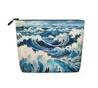 BLWSLC Womens Ukiyo-e style waves printed faux linen cosmetic bag large capacity toiletry bag daily essential