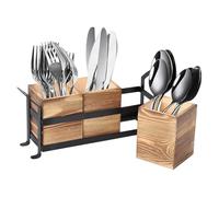BlyeMichdi Kitchen Utensils Holder,Wooden Cooking Utensil Organizer with Metal Tray,Cutlery Tray with 3 Compartments,Silverware Flatware Organizer Farmhouse Utensil Caddy Cooking Tools Storage