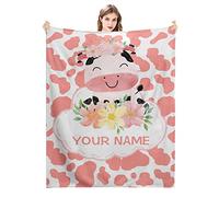 BLYIUKR Personalised Cow Print Blanket with Name Custom Cow Blanket for Kids Baby Soft Cozy Flannel Cow Print Bedding Throw Blankets for Girls Boys Adults Birthday Newborn Gifts