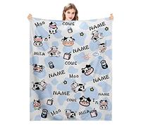 BLYIUKR Personalised Cow Print Blanket with Name Custom Cow Blanket for Kids Baby Soft Cozy Flannel Cow Print Bedding Throw Blankets for Girls Boys Adults Birthday Newborn Gifts