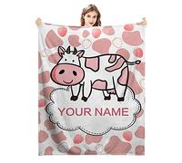 BLYIUKR Personalised Cow Print Blanket with Name Custom Cow Blanket for Kids Baby Soft Cozy Flannel Cow Print Bedding Throw Blankets for Girls Boys Adults Birthday Newborn Gifts