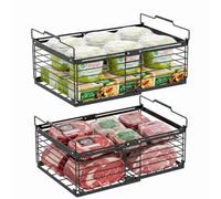 BLYLUND 2 Pack Adjustable Chest Freezer Organiser Basket Storage Box, Stackable Freezer Basket with Fold Up Handles, Durable Wire Basket Storage Matte Black
