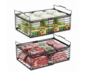BLYLUND 2 Pack Adjustable Chest Freezer Organiser Basket Storage Box, Stackable Freezer Basket with Fold Up Handles, Durable Wire Basket Storage Matte Black
