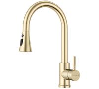 BLYLUND Brushed Gold Kitchen Tap with Pull Out Spray 3 Modes, Single Hole Brass Sink Tap Single Handle High Arc Pull Down Kitchen Sink Taps Mixer for UK Standards Fittings