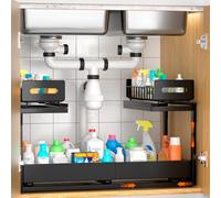 BLYLUND Under Sink Storage Kitchen Organiser 2 Tier Pull Out Cupboard Under Sinks Organisers with Slide-Out Drawers, Height Adjustable Shelf Storage for Kitchen Organization Drawer(Black)