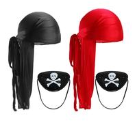 BlynthaToy 2 Pieces Headband Pirate Eye Patch - Unisex Stylish Long Tail Silk Durag Set, Skull Crossbone Eye Patch, Hair Loss Chemo Cap, Turban Hat, Adjustable Wide Strap, Black, Wine Red