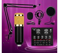 BM-800 Condenser Microphone Kit with Live Sound Card, Adjustable Microphone Suspension Scissor Arm, Metal Shock Mount and Double Pop Filter for Lab Recording and Broadcasting