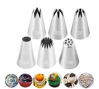 Bmaacye Large Icing Piping Tips Set, 6 Pcs Stainless Steel, Open Star, Round, Drop Flower, French Star, Grass, Icing Tips
