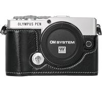 BMAOLLONGB E-P7 Case, Handmade PU Leather Half Camera Case Bag Cover Bottom Opening Version for Olympus Pen E-P7 EP7 With Neck Strap Mini Storage Bag (Black)