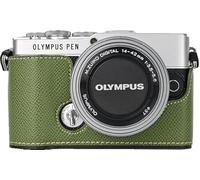 BMAOLLONGB E-P7 Case, Handmade PU Leather Half Camera Case Bag Cover Bottom Opening Version for Olympus Pen E-P7 with Hand Strap (Green)