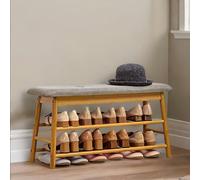 BMBO 2 Tier Shoe Bench Rack With Cushioned Seat Natural Brown