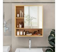 BMBO Wooden Bathroom Wall Storage Cabinet Organiser With Mirror Natural Brown - Natural Brown - Bamboo - 1
