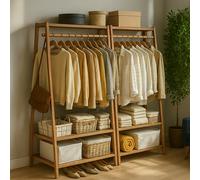 BMBO Wooden Clothes Rail With 2 Shelves - Bamboo - Natural Brown - 1