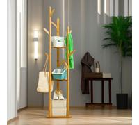 BMBO Wooden Coat Stand With 9 Hooks & 2 Shelves