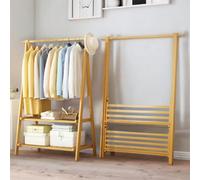 BMBO Wooden Folding Open Wardrobe Garment Rail With Storage Shelf Natural Brown