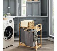 BMBO Wooden Grey Pull Out Double Laundry Basket With Shelf