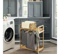 BMBO Wooden Grey Pull Out Double Laundry Basket With Shelf