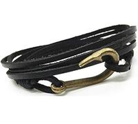 BMC-Designs BLACK LEATHER GOLD TONE FISHING HOOK WRISTBAND WRIST STRAP BAND BRACELET FISH MENS WOMENS EXPANDS TO FIT MOST SIZES UK SELLER A66