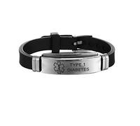 BMC-Designs BLACK SILICONE RUBBER TYPE 1 DIABETES DIABETIC MEDICAL ALERT SILVER STAINLESS STEEL BAND WRIST STRAP BRACELET FITS APPROX 19 to 20cm A126