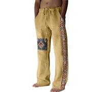 BmDSGC Men's Cotton Linen Trousers Loose Fit Drawstring Trouser Beach Yoga Pants Summer Shorts Slacks Slim Fit Wrinkle Free Trousers for Men Jeans Jogging Pants for Men UK Sweatpants (Yellow,M)