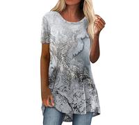 BmDSGC Womens Tunic Tops Short Sleeve Casual Ladies Tunics Loose Longline Blouses Shirts Round Neck Stretch Comfortable Baggy Cotton Basic Tee Long Oversized Summer T-Shirts (Grey,XL)