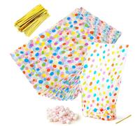 Bmeigo 100PCS Clear Cellophane Bags with Twist Ties, 6" x 10" Standing Treat Bags Flat OPP Bag Plastic Party Gift Cello Bag for Sweet Candy Cookies Christmas Easter Birthday Wedding(Coloured Dots)