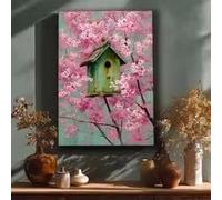 BMGKYAGL 1pc Vintage Cherry Blossom Birdhouse Canvas Wall Art - Pastel Pink Sakura Print with Green Birdhouse & Flowers(40x60cm/Internal Frame)