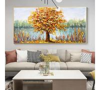 BMGKYAGL Abstract Yellow Tree Lake Landscape Oil Painting Textured Canvas Art for Modern Home Wall Decor 90x180cm frame