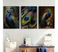 BMGKYAGL Peacock Feathers Antique Oil Painting Posters and Prints Canvas Printing Retro Wall Art Picture Home Decor 50x75cmx3 Frameless