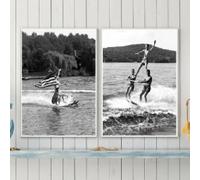 BMGKYAGL Rare 1940's Water Skiing with Flag Modern Wall Canvas Decorative Painting Vintage Black White Wall Art Home Decor 20x30cmx2 frame