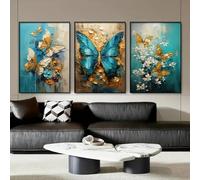 BMGKYAGL Texture Painting Canvas Print Posters, Golden And Blue Butterfly Canvas Wall Art Paintings, Artwork Wall Painting 50x75cmx3 Frameless