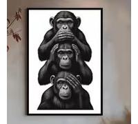 BMGKYAGL Three Wise Monkeys Wall Art, See No Evil Hear No Evil Speak No Evil Poster, Black and White Illustration, Printable Animal Decor(80x120cm/Internal Frame)