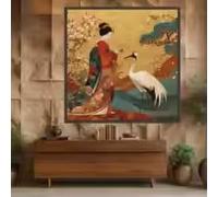 BMGKYAGL Tradition Geisha And Red Crowned Crane Art Poster Cherry Blossom Kimono Retro Aesthetic Canvas Painting Home Decor(50x50cm/Frameless)