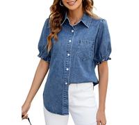 BMJL Womens Denim Shirt Business Casual Button Down Work Blouses Puff Sleeve Summer Tops, Elastic Blue, L