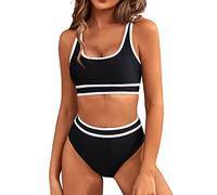 BMJL Women's High Waisted Bikini Sets Sporty Two Piece Swimsuits Color Block Cheeky High Cut Bathing Suits, Black011, Large