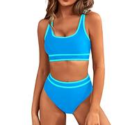 BMJL Women's High Waisted Bikini Sets Sporty Two Piece Swimsuits Color Block Cheeky High Cut Bathing Suits, Blue011, Large