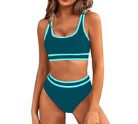 BMJL Women's High Waisted Bikini Sets Sporty Two Piece Swimsuits Color Block Cheeky High Cut Bathing Suits, Dark Green Blue011, S