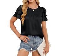 BMJL Womens Satin Dressy Casual Blouses Ruffle Sleeve Textured Tops Shirred Summer Shirt Outfits, Black, L