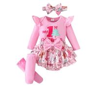 BMKKTOP My First Christmas Baby Girl Outfit, Newborn Infant Toddler Baby Girls Long Sleeve Romper Plaid Ruffle Tutu Skirt Shorts Set with Headband Stocking 4PC Cute Xmas Clothe